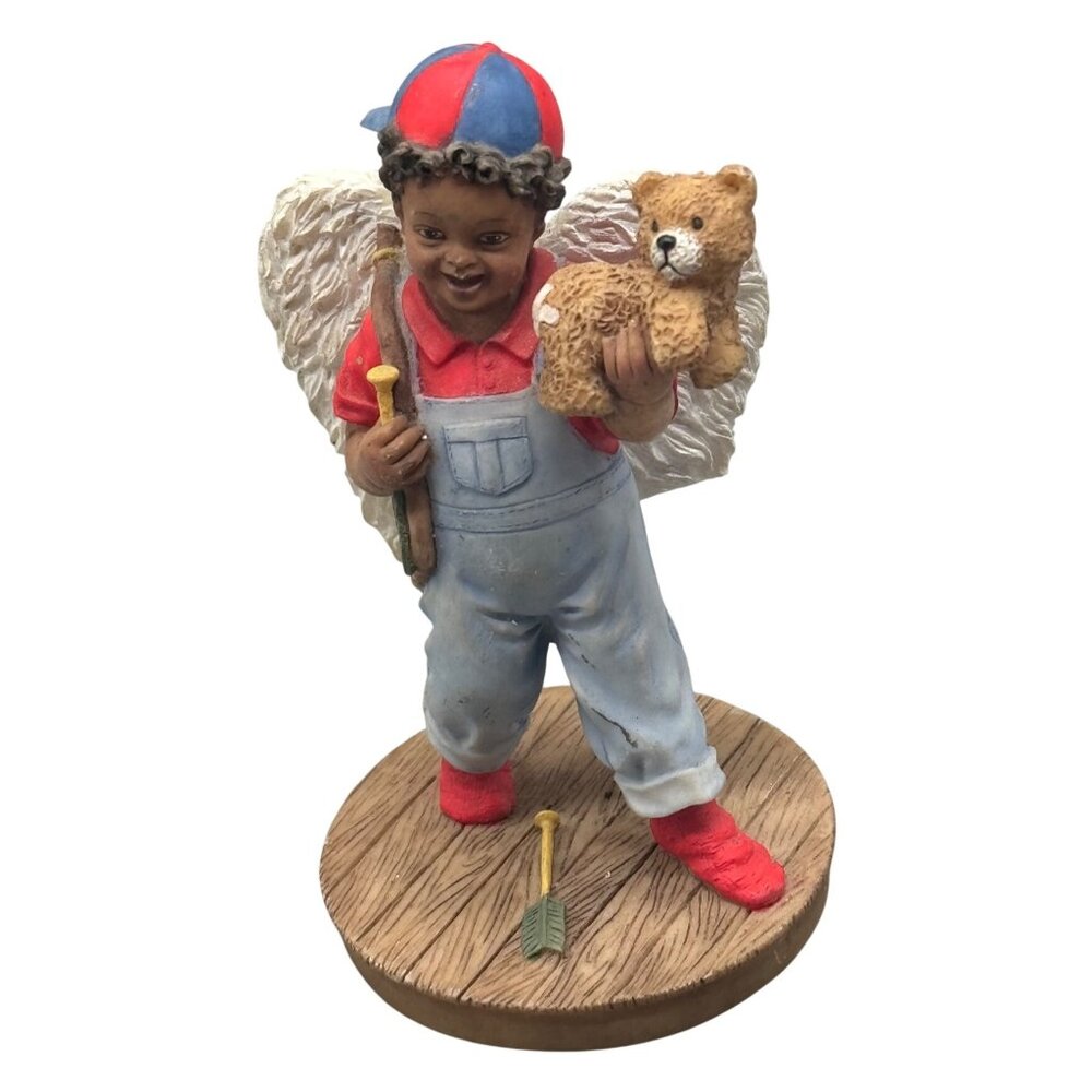Boy Angel Figurine With Teddy Bear & Baseball Bat Hand-Painted Resin 5.5" Tall C